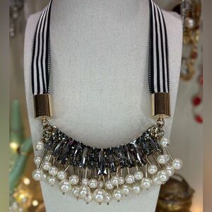 Statement Bib Necklace Smokey Rhinestone Faux Pearl Glass Ribbon Chunky